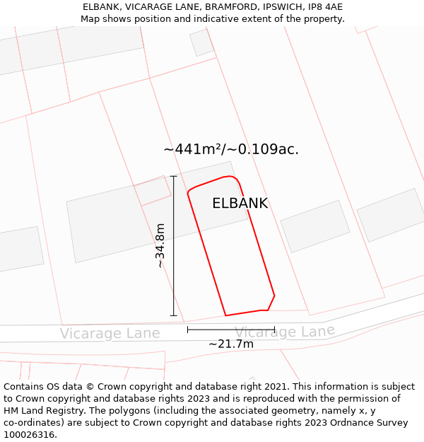 ELBANK, VICARAGE LANE, BRAMFORD, IPSWICH, IP8 4AE: Plot and title map