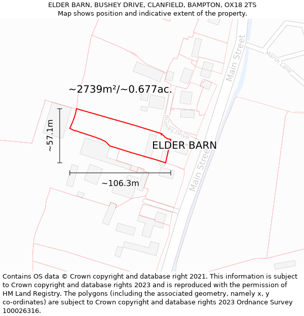 ELDER BARN, BUSHEY DRIVE, CLANFIELD, BAMPTON, OX18 2TS: Plot and title map