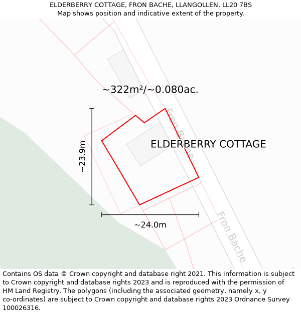 ELDERBERRY COTTAGE, FRON BACHE, LLANGOLLEN, LL20 7BS: Plot and title map