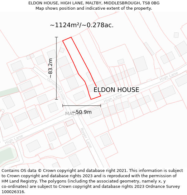 ELDON HOUSE, HIGH LANE, MALTBY, MIDDLESBROUGH, TS8 0BG: Plot and title map