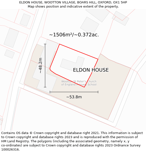 ELDON HOUSE, WOOTTON VILLAGE, BOARS HILL, OXFORD, OX1 5HP: Plot and title map