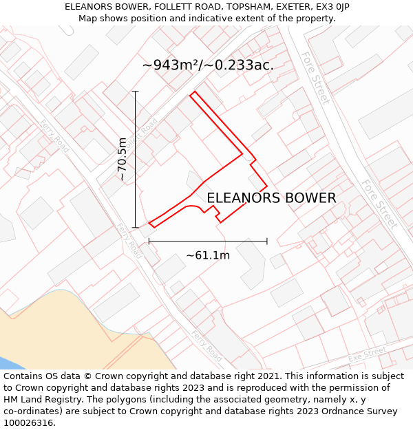 ELEANORS BOWER, FOLLETT ROAD, TOPSHAM, EXETER, EX3 0JP: Plot and title map