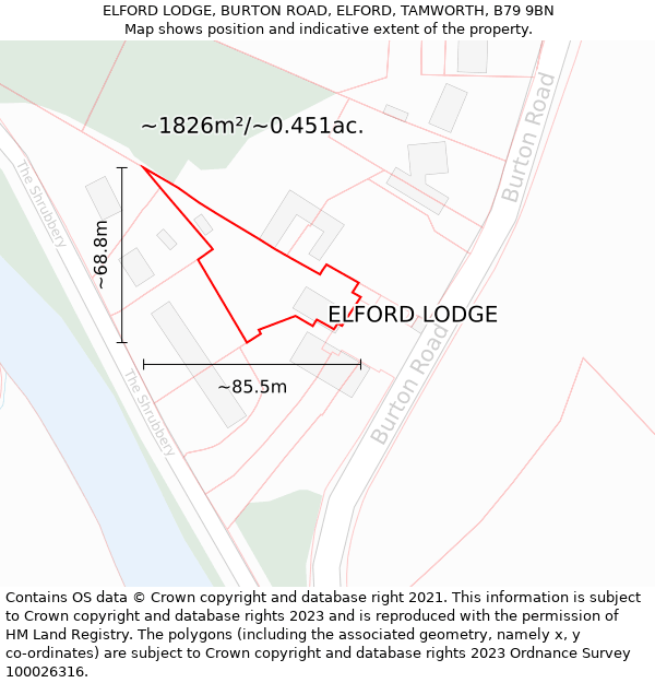 ELFORD LODGE, BURTON ROAD, ELFORD, TAMWORTH, B79 9BN: Plot and title map