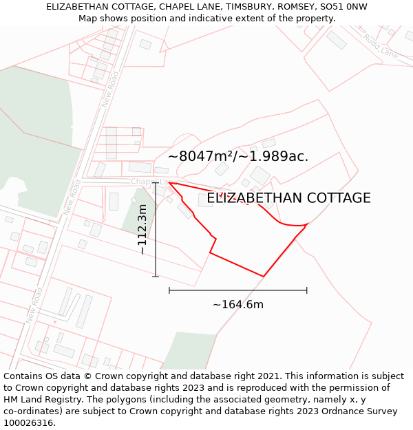 ELIZABETHAN COTTAGE, CHAPEL LANE, TIMSBURY, ROMSEY, SO51 0NW: Plot and title map