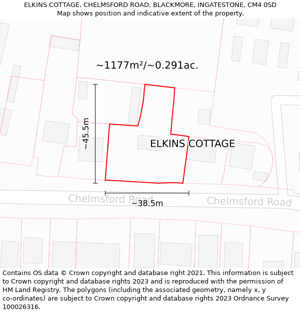 ELKINS COTTAGE, CHELMSFORD ROAD, BLACKMORE, INGATESTONE, CM4 0SD: Plot and title map