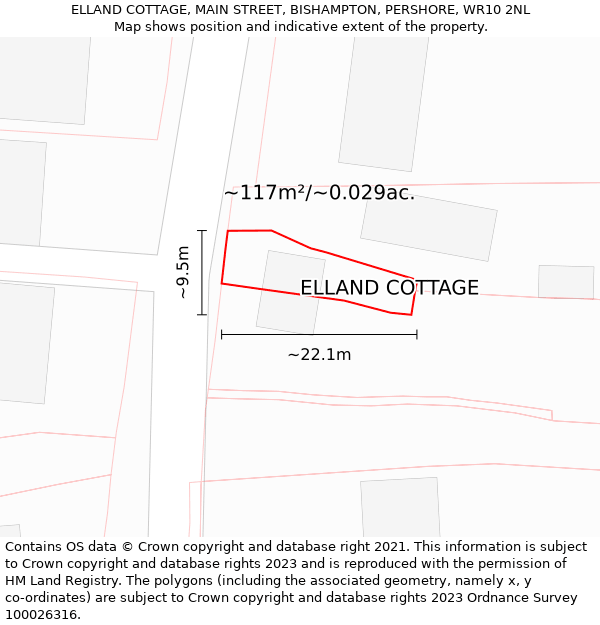 ELLAND COTTAGE, MAIN STREET, BISHAMPTON, PERSHORE, WR10 2NL: Plot and title map