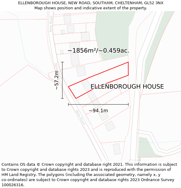 ELLENBOROUGH HOUSE, NEW ROAD, SOUTHAM, CHELTENHAM, GL52 3NX: Plot and title map