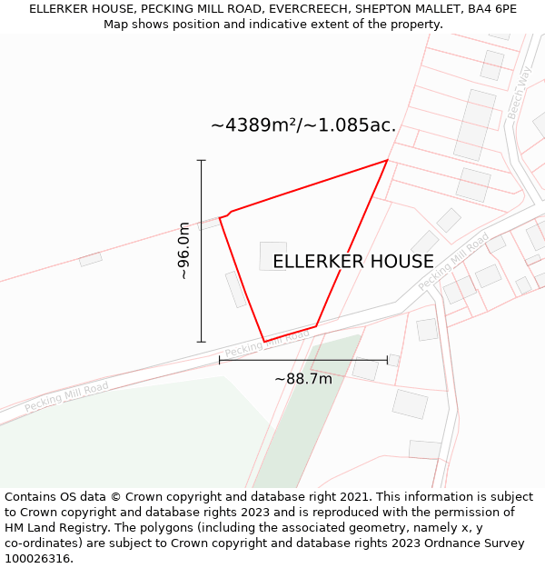 ELLERKER HOUSE, PECKING MILL ROAD, EVERCREECH, SHEPTON MALLET, BA4 6PE: Plot and title map