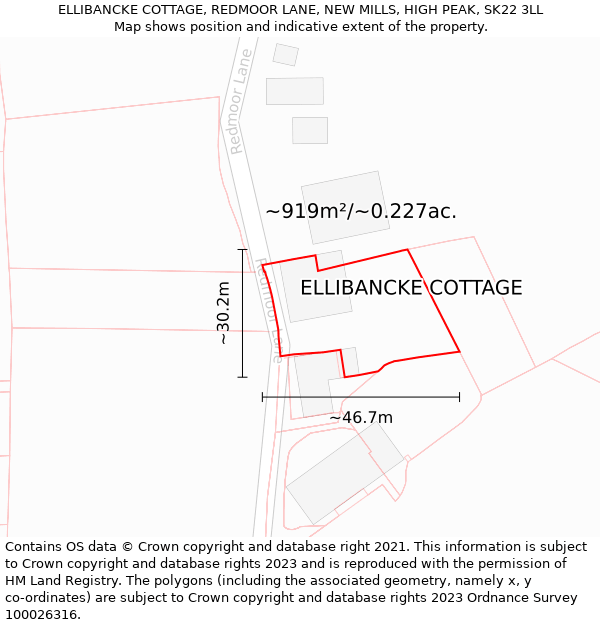 ELLIBANCKE COTTAGE, REDMOOR LANE, NEW MILLS, HIGH PEAK, SK22 3LL: Plot and title map