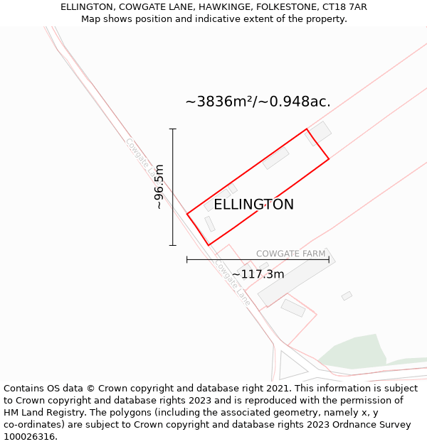 ELLINGTON, COWGATE LANE, HAWKINGE, FOLKESTONE, CT18 7AR: Plot and title map