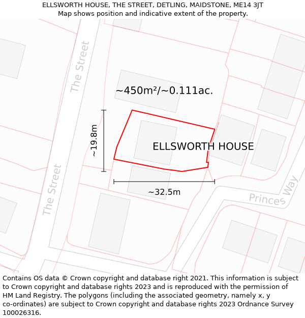 ELLSWORTH HOUSE, THE STREET, DETLING, MAIDSTONE, ME14 3JT: Plot and title map