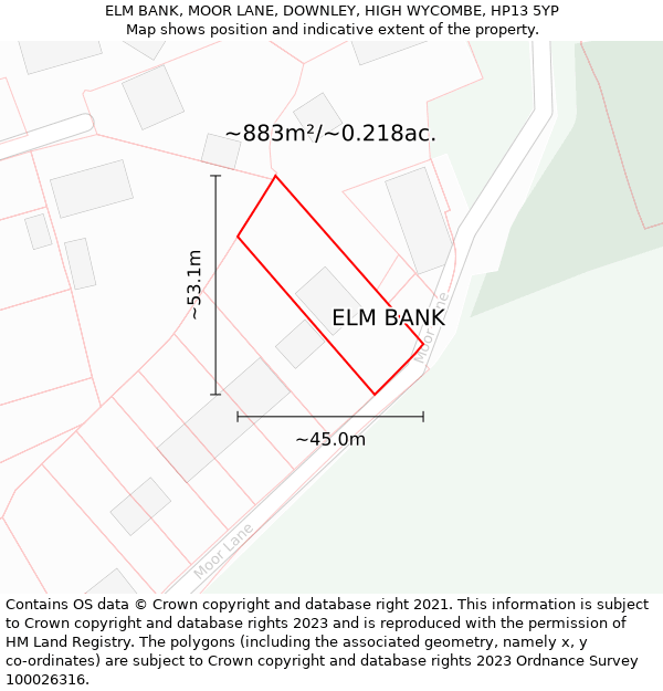 ELM BANK, MOOR LANE, DOWNLEY, HIGH WYCOMBE, HP13 5YP: Plot and title map