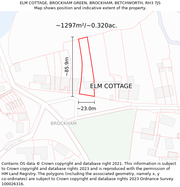 ELM COTTAGE, BROCKHAM GREEN, BROCKHAM, BETCHWORTH, RH3 7JS: Plot and title map