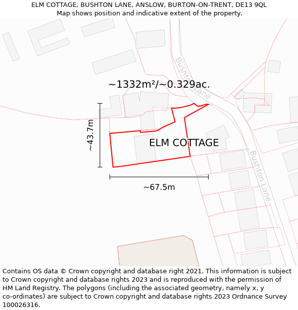 ELM COTTAGE, BUSHTON LANE, ANSLOW, BURTON-ON-TRENT, DE13 9QL: Plot and title map