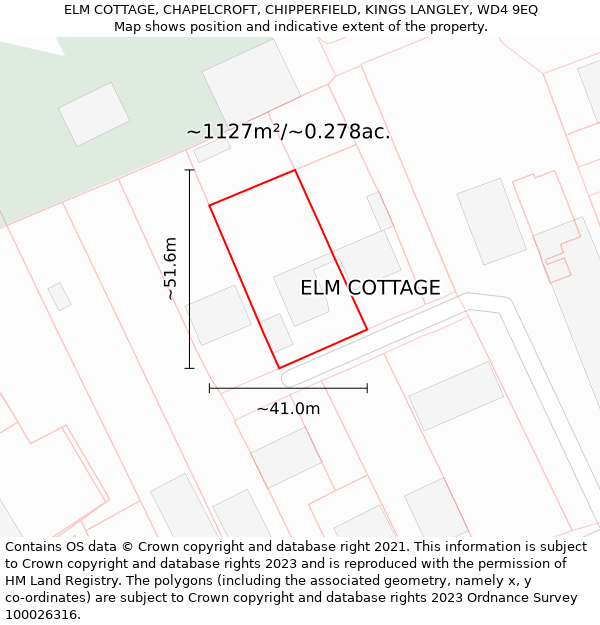 ELM COTTAGE, CHAPELCROFT, CHIPPERFIELD, KINGS LANGLEY, WD4 9EQ: Plot and title map