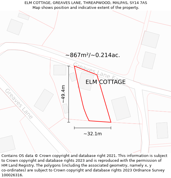 ELM COTTAGE, GREAVES LANE, THREAPWOOD, MALPAS, SY14 7AS: Plot and title map