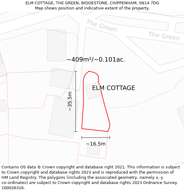 ELM COTTAGE, THE GREEN, BIDDESTONE, CHIPPENHAM, SN14 7DG: Plot and title map