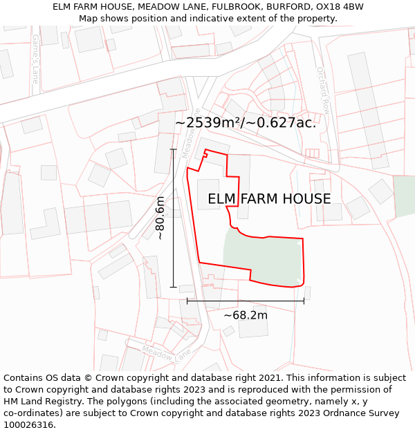 ELM FARM HOUSE, MEADOW LANE, FULBROOK, BURFORD, OX18 4BW: Plot and title map