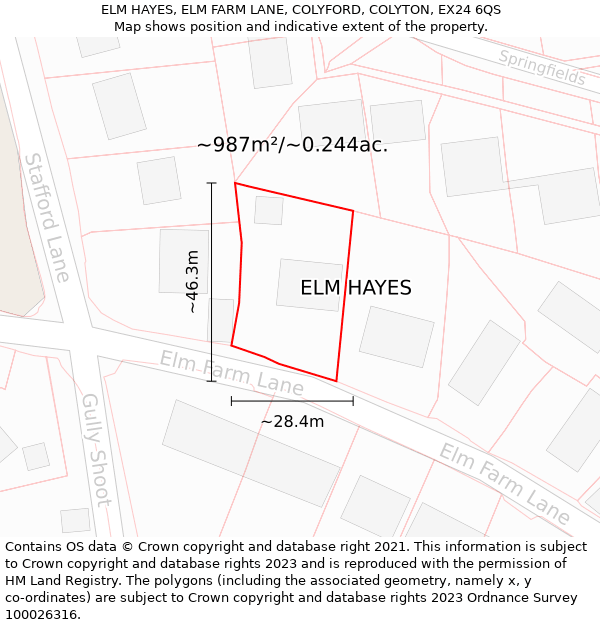 ELM HAYES, ELM FARM LANE, COLYFORD, COLYTON, EX24 6QS: Plot and title map