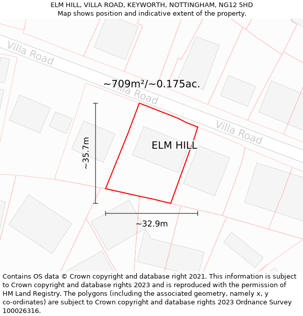 ELM HILL, VILLA ROAD, KEYWORTH, NOTTINGHAM, NG12 5HD: Plot and title map