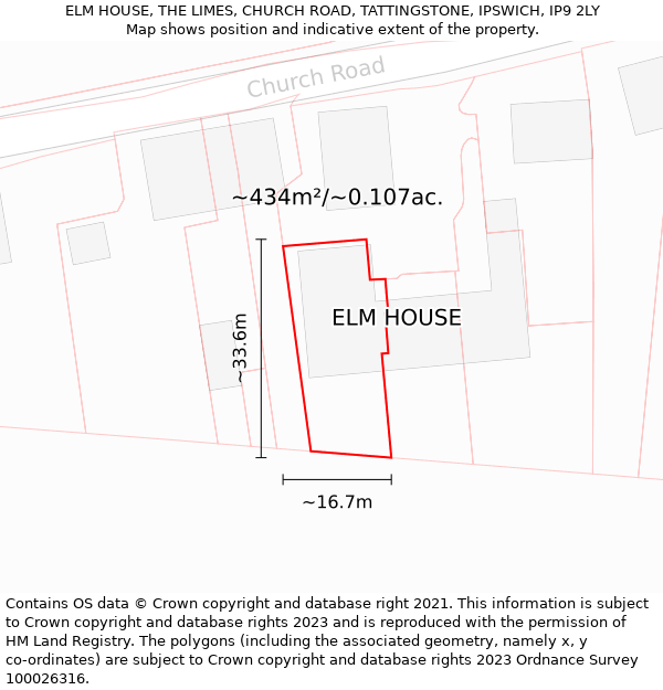 ELM HOUSE, THE LIMES, CHURCH ROAD, TATTINGSTONE, IPSWICH, IP9 2LY: Plot and title map