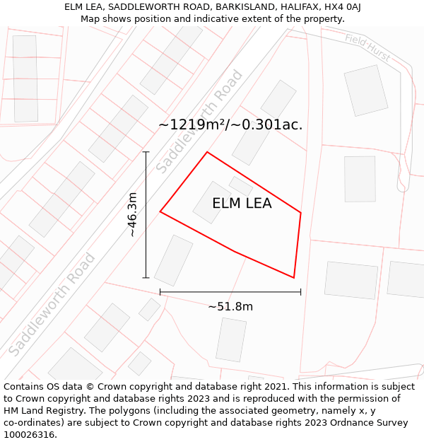 ELM LEA, SADDLEWORTH ROAD, BARKISLAND, HALIFAX, HX4 0AJ: Plot and title map