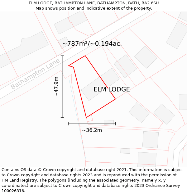 ELM LODGE, BATHAMPTON LANE, BATHAMPTON, BATH, BA2 6SU: Plot and title map