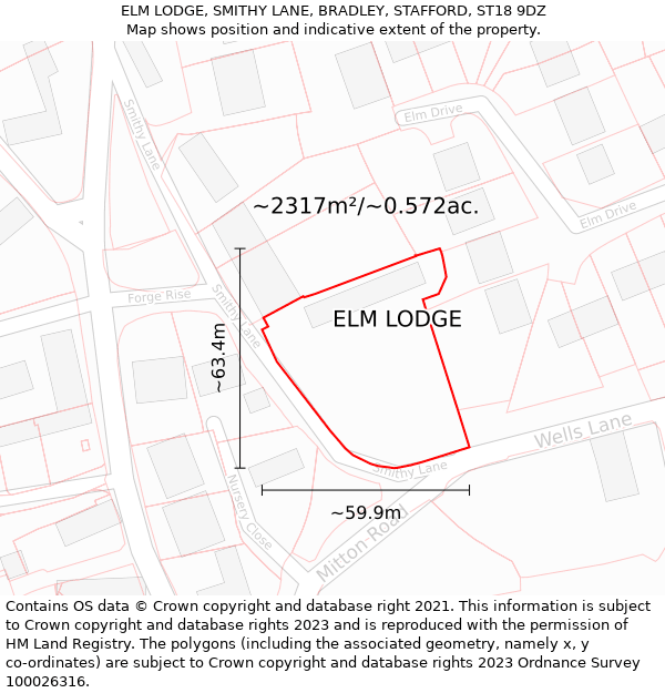 ELM LODGE, SMITHY LANE, BRADLEY, STAFFORD, ST18 9DZ: Plot and title map