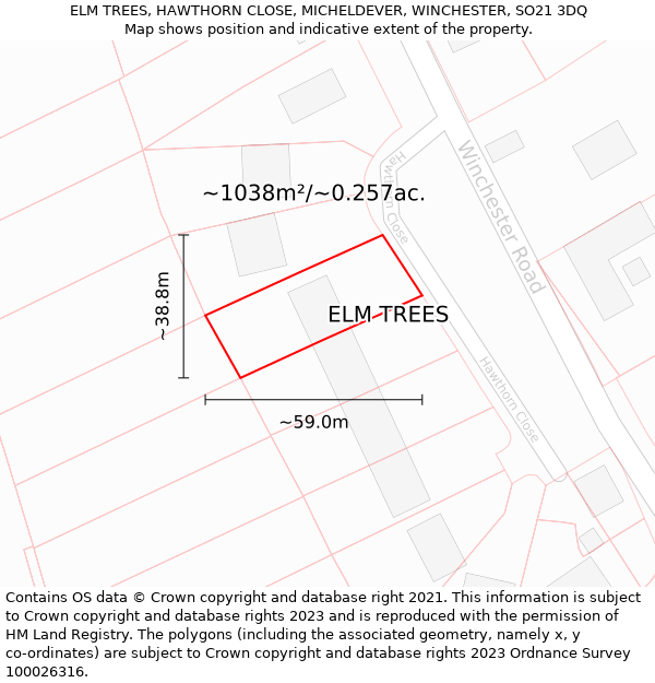 ELM TREES, HAWTHORN CLOSE, MICHELDEVER, WINCHESTER, SO21 3DQ: Plot and title map