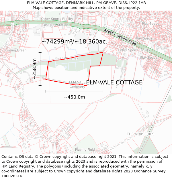 ELM VALE COTTAGE, DENMARK HILL, PALGRAVE, DISS, IP22 1AB: Plot and title map