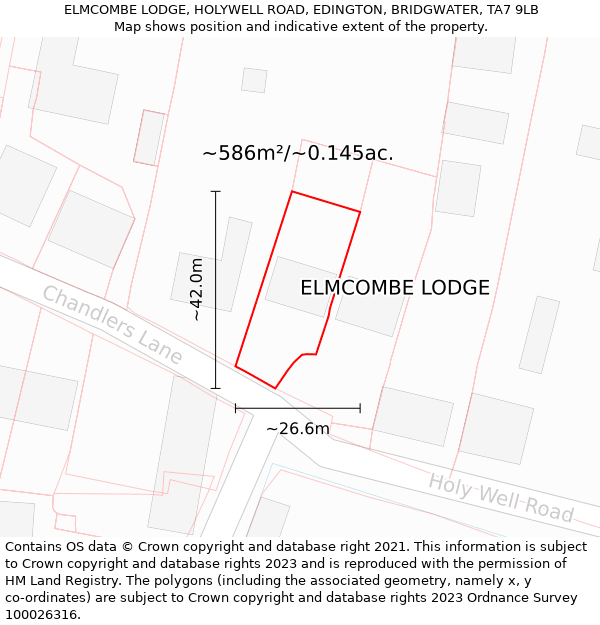 ELMCOMBE LODGE, HOLYWELL ROAD, EDINGTON, BRIDGWATER, TA7 9LB: Plot and title map