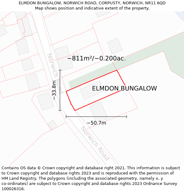 ELMDON BUNGALOW, NORWICH ROAD, CORPUSTY, NORWICH, NR11 6QD: Plot and title map