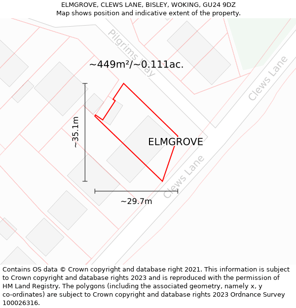 ELMGROVE, CLEWS LANE, BISLEY, WOKING, GU24 9DZ: Plot and title map