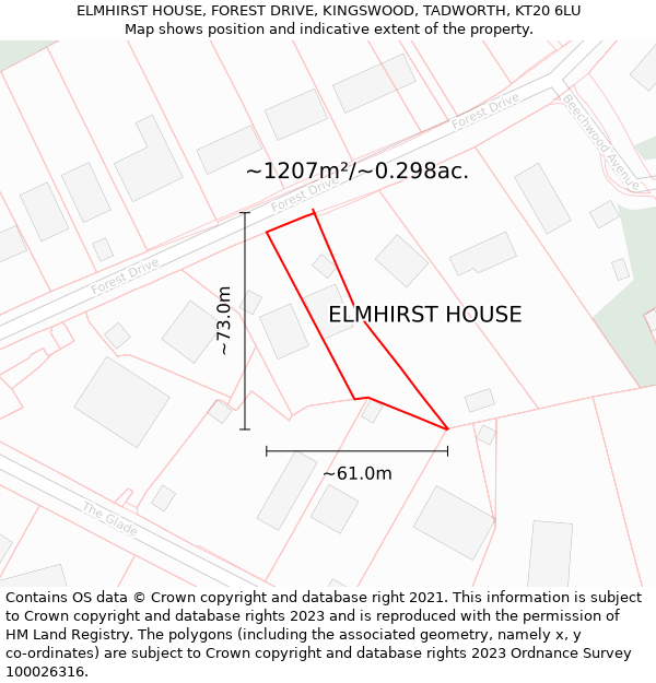 ELMHIRST HOUSE, FOREST DRIVE, KINGSWOOD, TADWORTH, KT20 6LU: Plot and title map