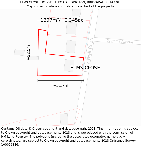 ELMS CLOSE, HOLYWELL ROAD, EDINGTON, BRIDGWATER, TA7 9LE: Plot and title map