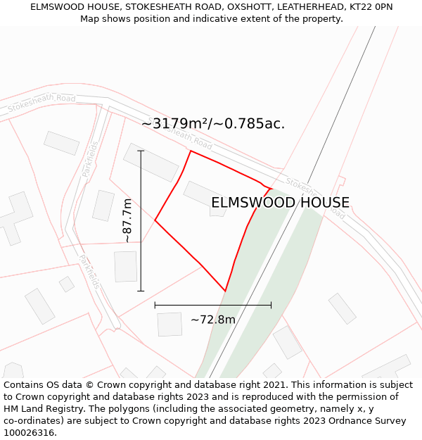 ELMSWOOD HOUSE, STOKESHEATH ROAD, OXSHOTT, LEATHERHEAD, KT22 0PN: Plot and title map