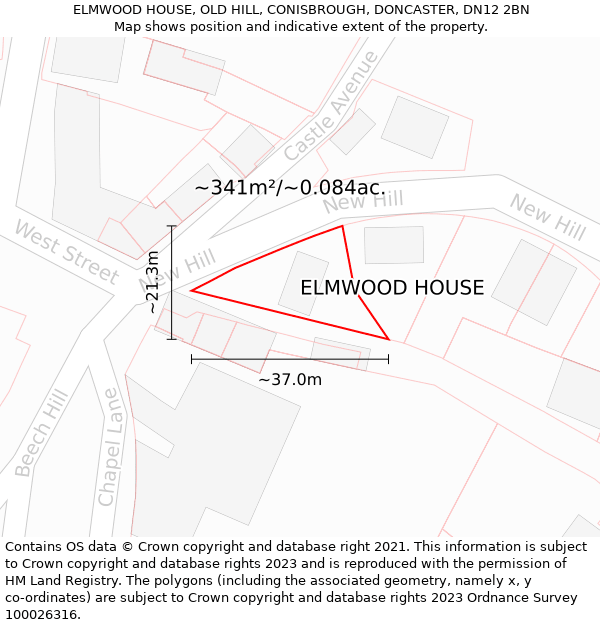ELMWOOD HOUSE, OLD HILL, CONISBROUGH, DONCASTER, DN12 2BN: Plot and title map