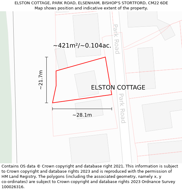 ELSTON COTTAGE, PARK ROAD, ELSENHAM, BISHOP'S STORTFORD, CM22 6DE: Plot and title map