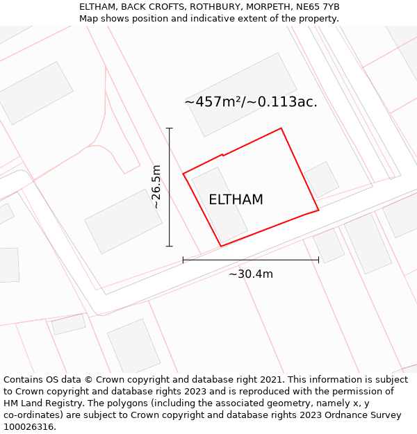 ELTHAM, BACK CROFTS, ROTHBURY, MORPETH, NE65 7YB: Plot and title map