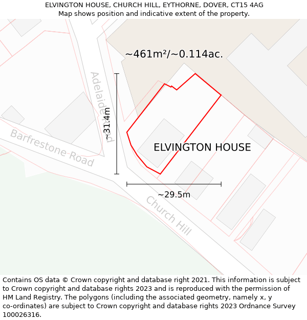 ELVINGTON HOUSE, CHURCH HILL, EYTHORNE, DOVER, CT15 4AG: Plot and title map