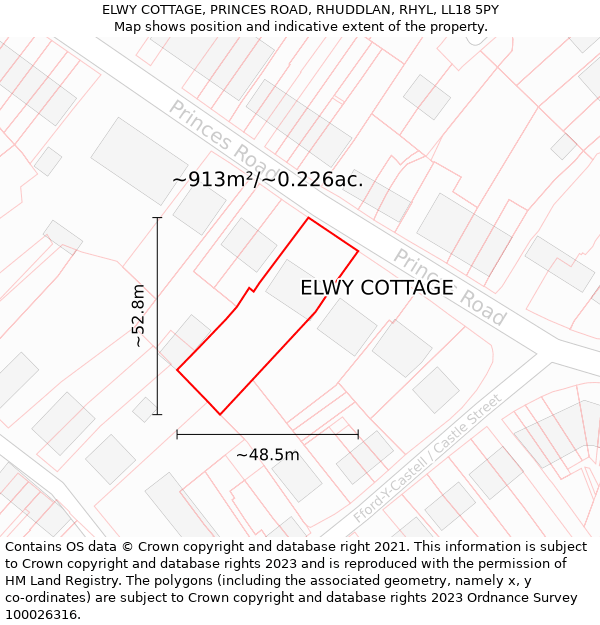 ELWY COTTAGE, PRINCES ROAD, RHUDDLAN, RHYL, LL18 5PY: Plot and title map