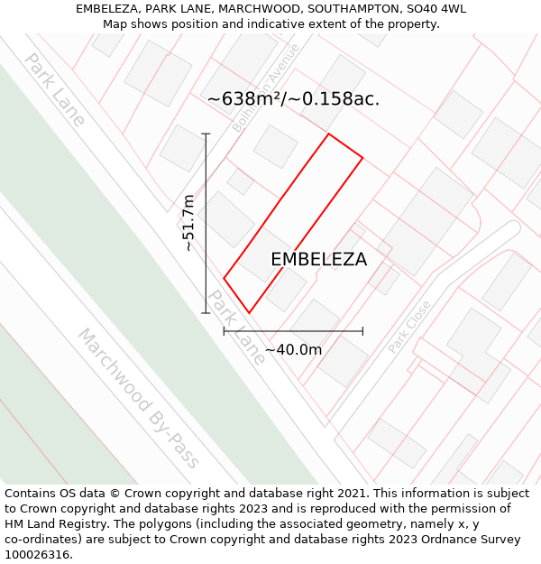 EMBELEZA, PARK LANE, MARCHWOOD, SOUTHAMPTON, SO40 4WL: Plot and title map