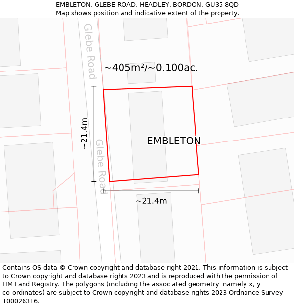 EMBLETON, GLEBE ROAD, HEADLEY, BORDON, GU35 8QD: Plot and title map