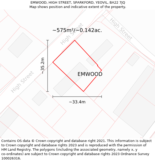 EMWOOD, HIGH STREET, SPARKFORD, YEOVIL, BA22 7JQ: Plot and title map