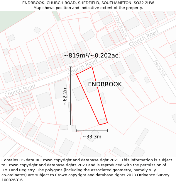 ENDBROOK, CHURCH ROAD, SHEDFIELD, SOUTHAMPTON, SO32 2HW: Plot and title map