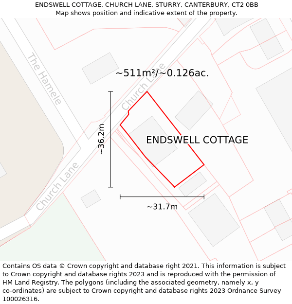 ENDSWELL COTTAGE, CHURCH LANE, STURRY, CANTERBURY, CT2 0BB: Plot and title map