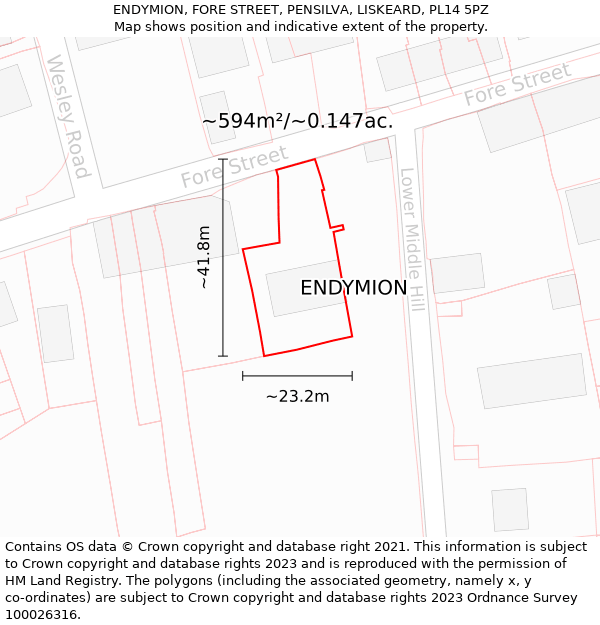 ENDYMION, FORE STREET, PENSILVA, LISKEARD, PL14 5PZ: Plot and title map