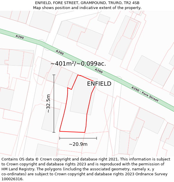 ENFIELD, FORE STREET, GRAMPOUND, TRURO, TR2 4SB: Plot and title map