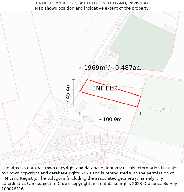 ENFIELD, MARL COP, BRETHERTON, LEYLAND, PR26 9BD: Plot and title map