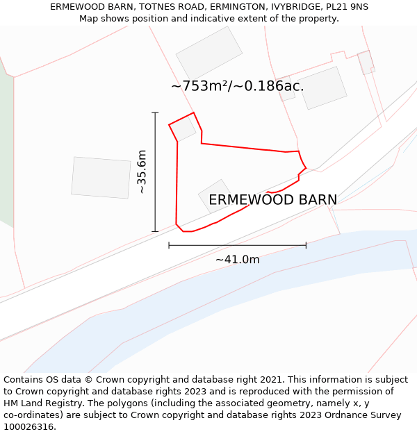 ERMEWOOD BARN, TOTNES ROAD, ERMINGTON, IVYBRIDGE, PL21 9NS: Plot and title map